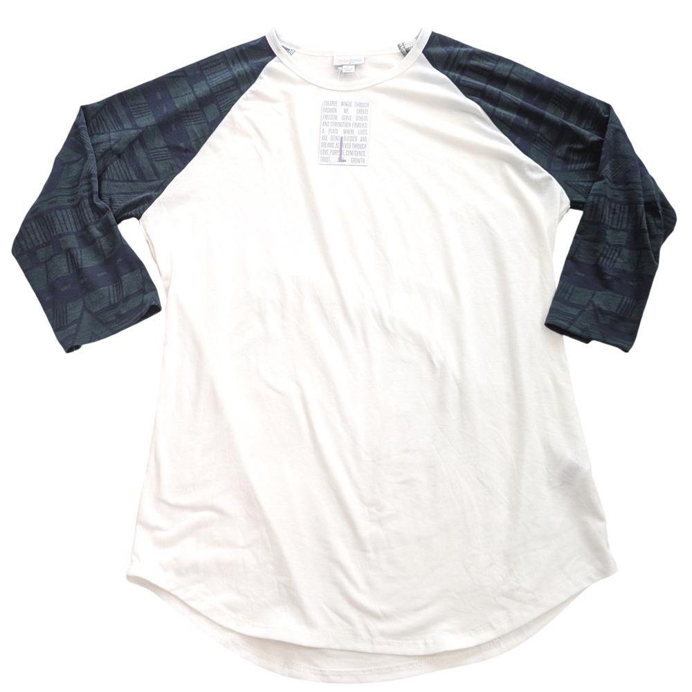 NWT‎ LuLaRoe Randy Baseball Tee White Geometric Raglan Sleeve Shirt LARGE Sporty